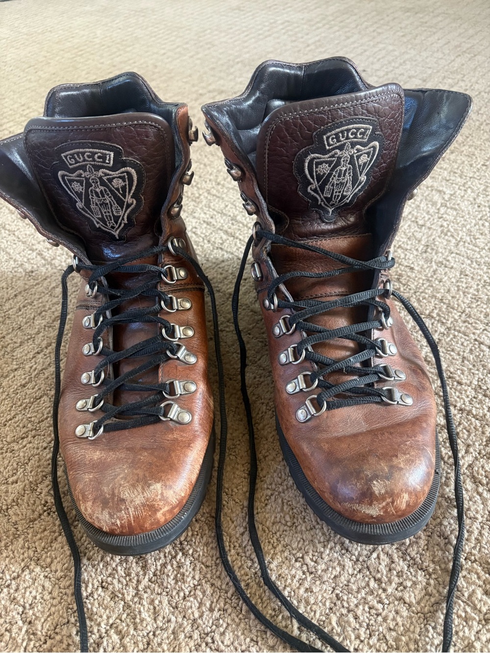 Gucci Men’s Brown Leather Lace-Up Hiking Boots with Black Laces